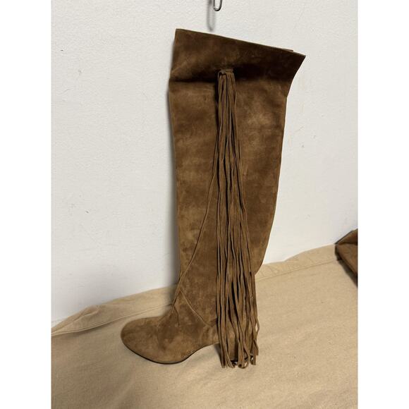 Diane B Boots Womens Size 9 Tan Suede Over Knee Fringe Made in Italy Block Heel - Picture 4 of 16